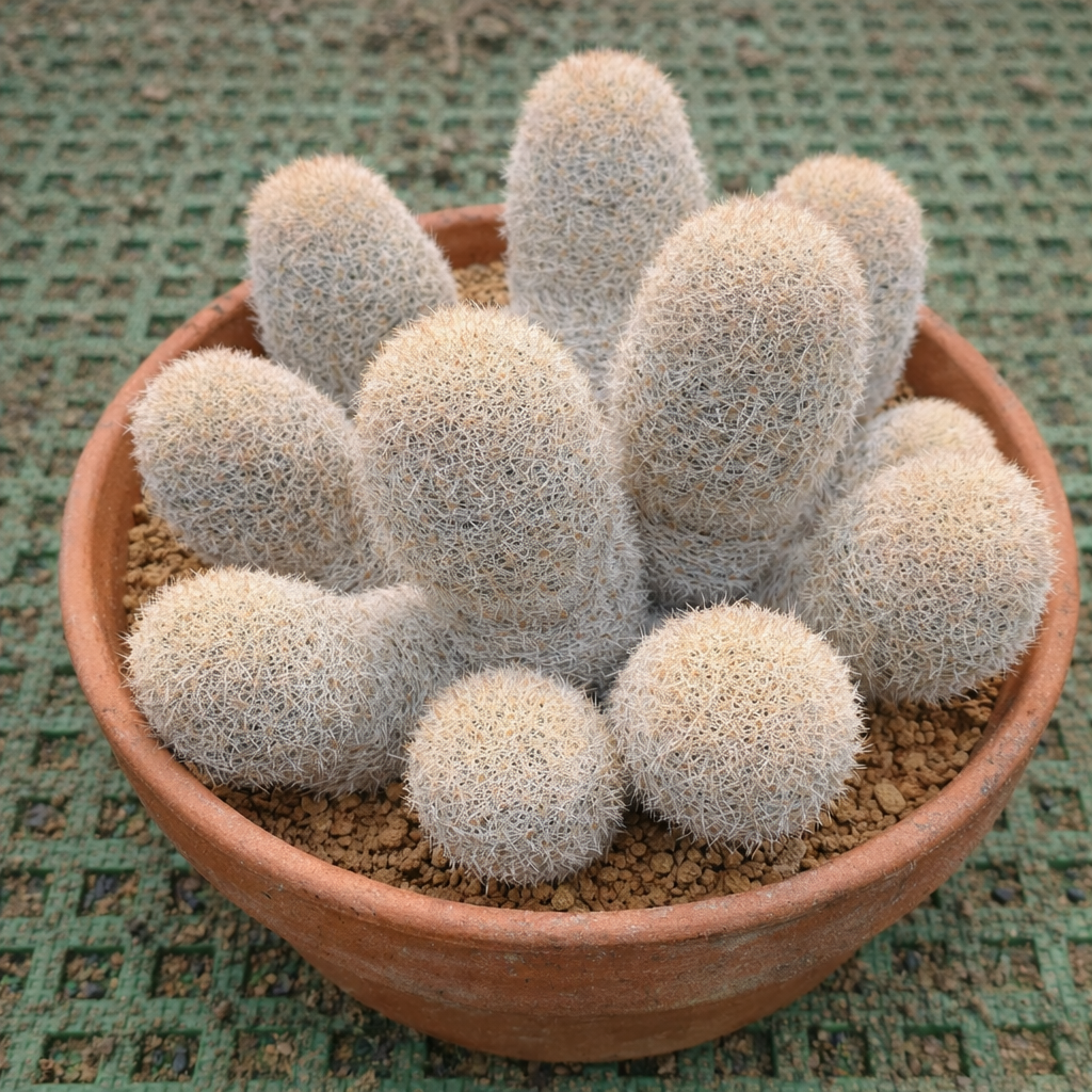 Mammillaria magallanii cluster of small white spiny succulent cacti in terracotta pot