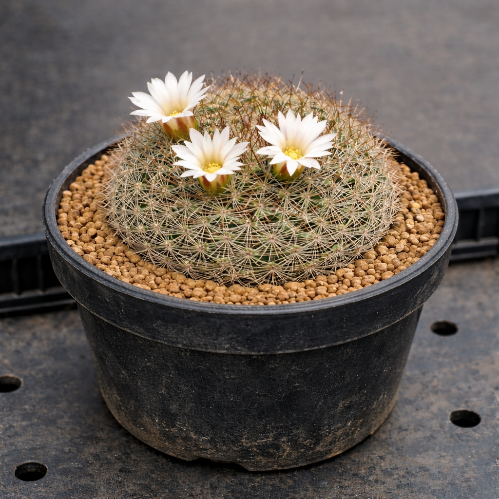 Mammillaria schmollii cactus with white flowers in black pot with gravel topsoil