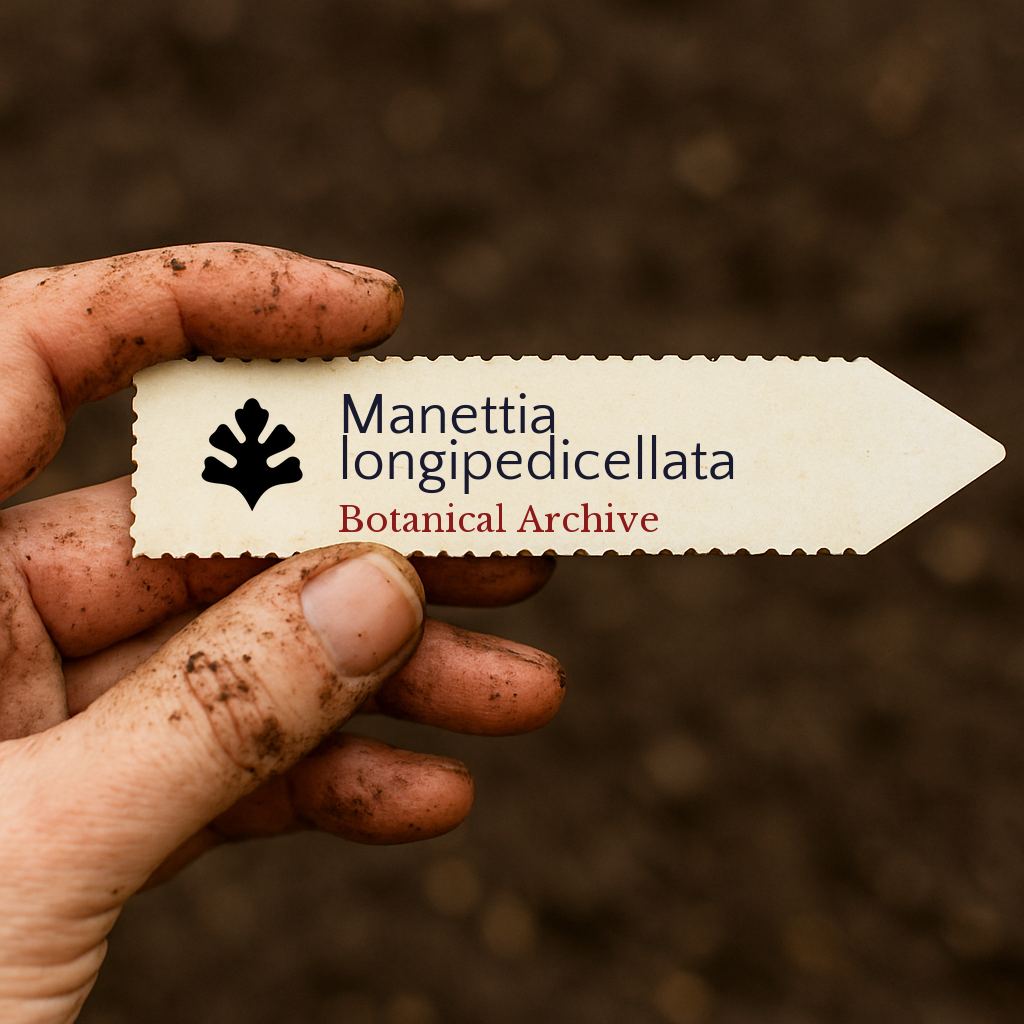 Printed plant label for Manettia longipedicellata held by dirty hand over soil background
