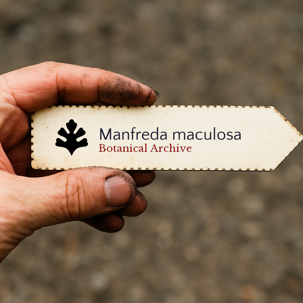 Printed plant label for Manfreda maculosa held by hand with dirt background