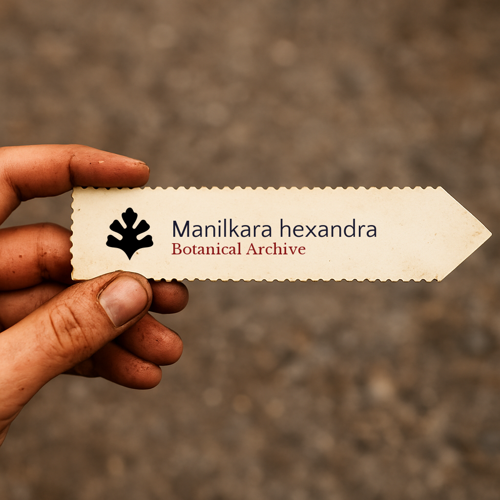 Etichetta stampata per pianta di Manilkara hexandra con logo Botanical Archive tenuta in mano