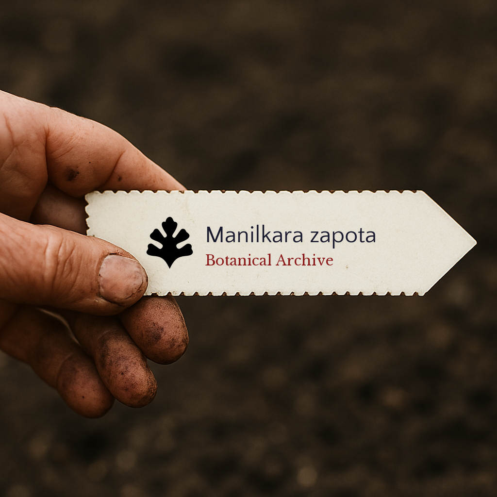 Etichetta plantare stampata per Manilkara zapota tenuta in mano su sfondo di terreno