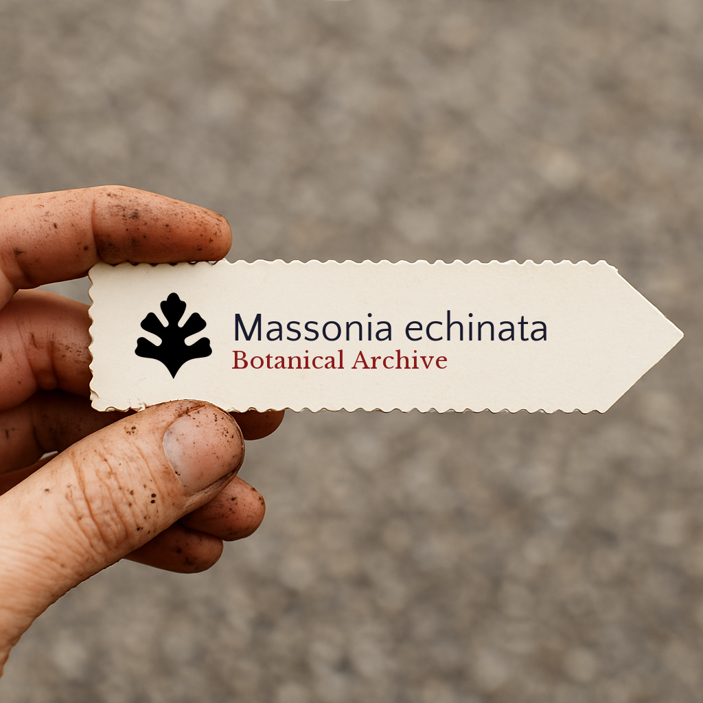 Printed plant label for Massonia echinata held by dirty hand on blurred background