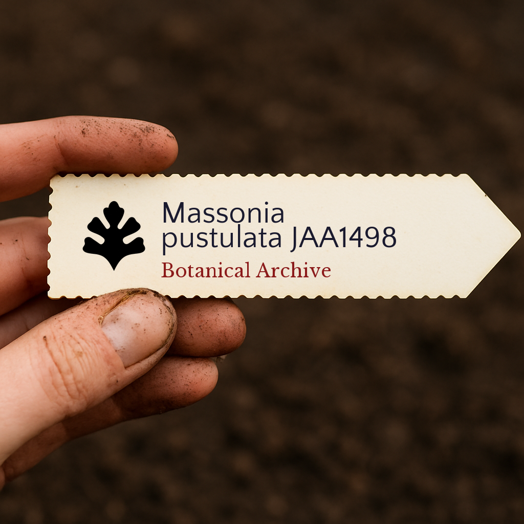 Printed plant label for Massonia pustulata JAA1498 held over soil background