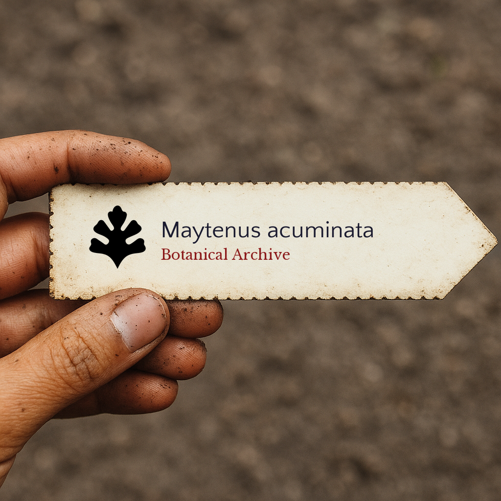 Etichetta stampata per pianta di Maytenus acuminata con logo Botanical Archive tenuta a mano