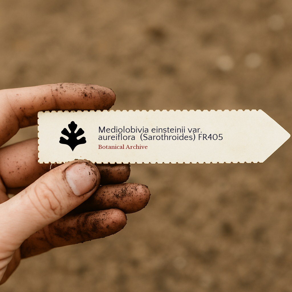 Printed plant label for Mediolobivia einsteinii var. aureiflora held by dirty hand over soil background
