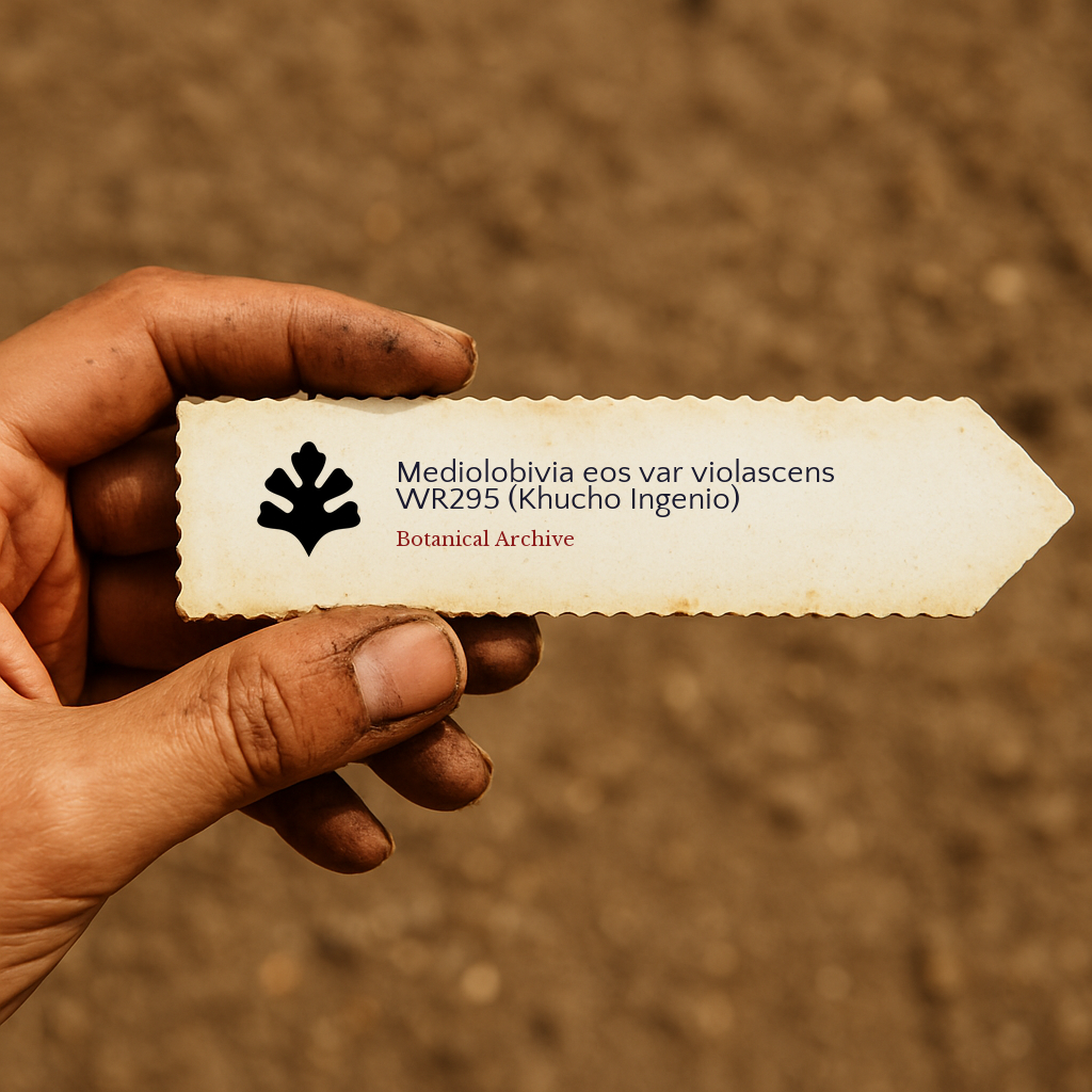 Printed plant label for Mediolobivia eos var violascens held by hand with soil background