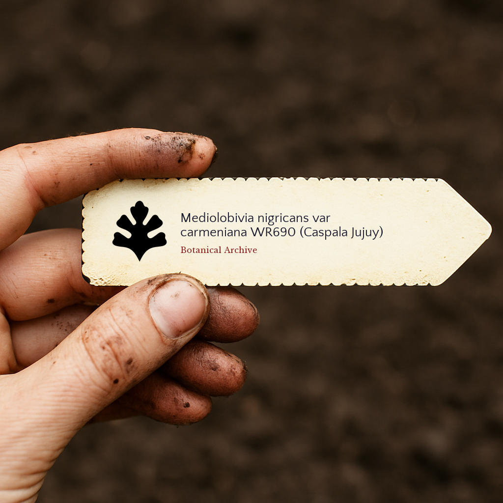 Printed plant label for Mediolobivia nigricans var carmeniana held by dirty hand over soil background