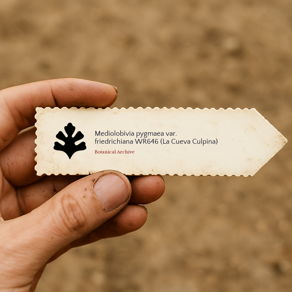 Etichetta per pianta stampata per Mediolobivia pygmaea var. friedrichiana con il logo Botanical Archive