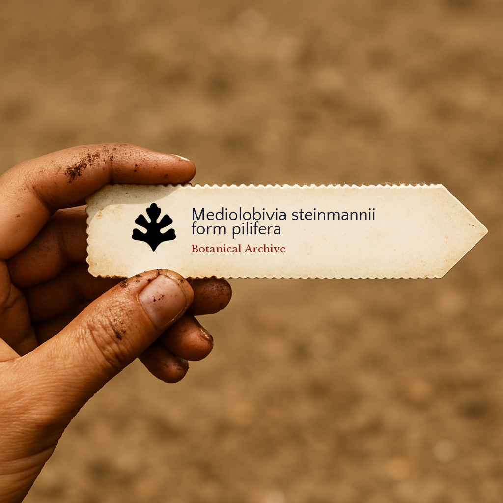 Printed plant label for Mediolobivia steinmannii form pilifera held by dirty hand outdoors