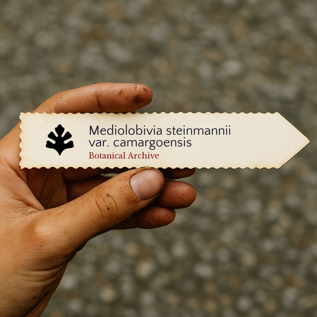 Printed plant label for Mediolobivia steinmannii var. camargoensis held in hand with dirt marks