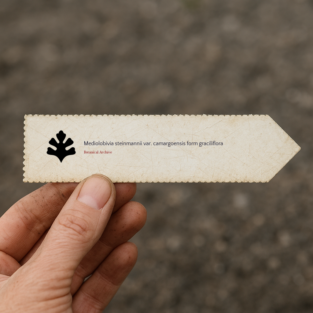 Printed plant label for Mediolobivia steinmannii var. camargoensis in hand with dirt background