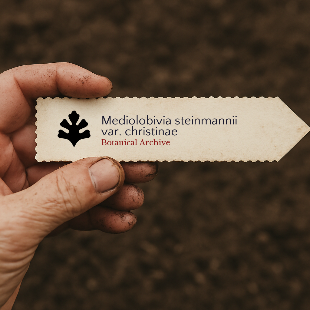 Etichetta stampata per pianta di Mediolobivia steinmannii var. christinae tenuta da mano sporca all'aperto