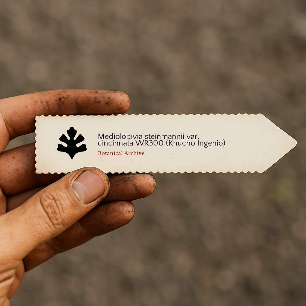 Printed plant label for Mediolobivia steinmannii var. cincinnata in hand with soil background