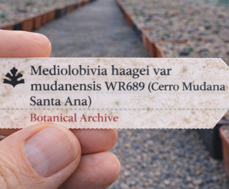 Printed plant label for Mediolobivia haagei var mudanensis WR689 in nursery setting