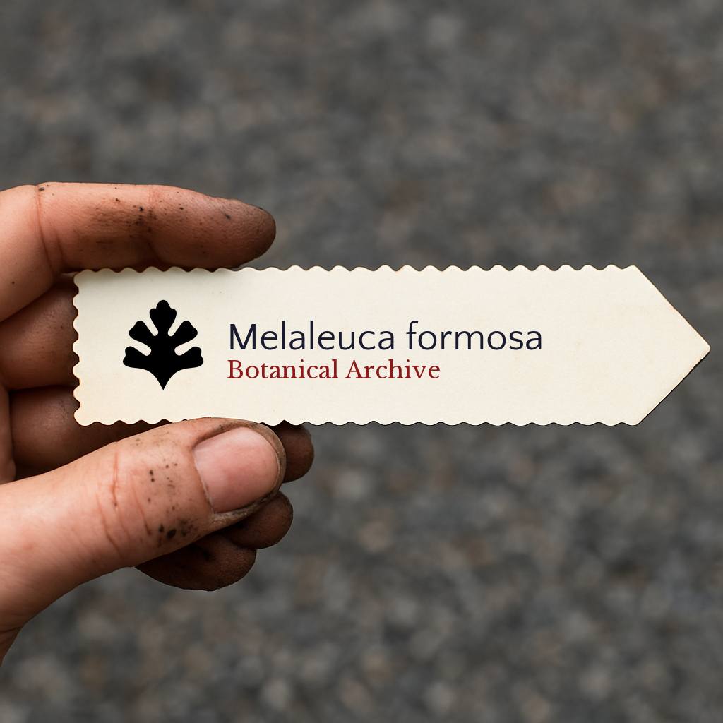 Etichetta per pianta stampata per Melaleuca formosa tenuta da una mano sporca su sfondo di ghiaia