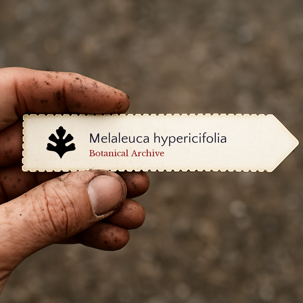 Printed plant label for Melaleuca hypericifolia held by dirty hand outdoors