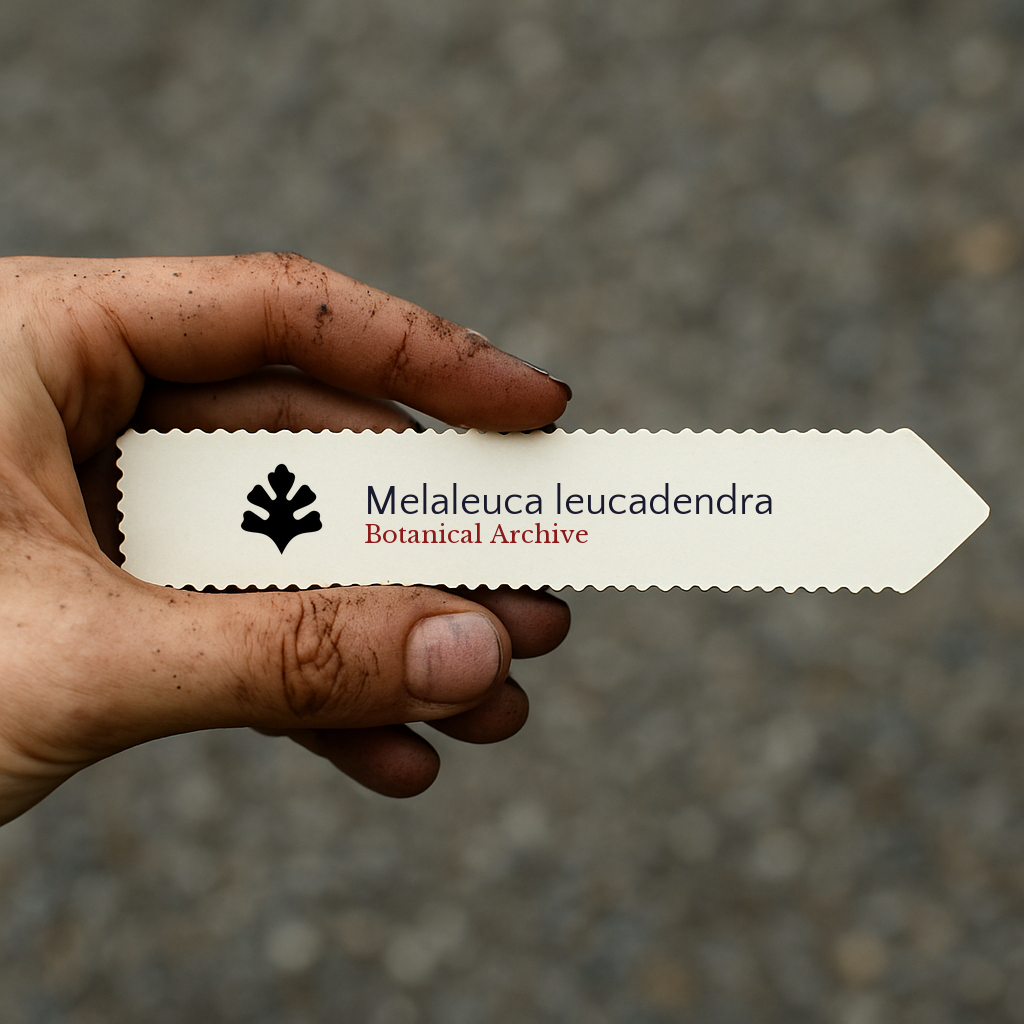 Etichetta per pianta stampata per Melaleuca leucadendra tenuta da mano sporca all'aperto