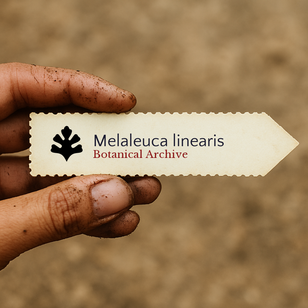 Printed plant label for Melaleuca linearis held by dirty hand outdoors