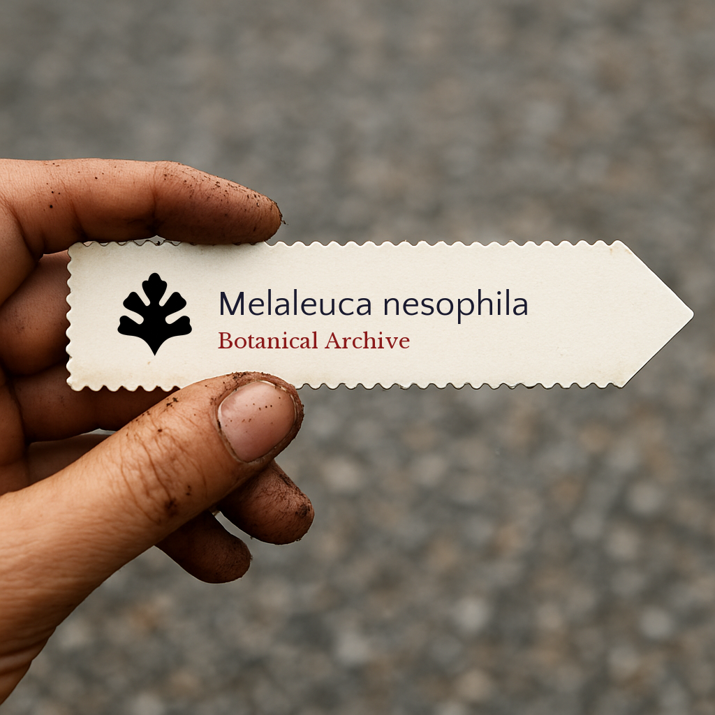 Etichetta stampata per pianta Melaleuca nesophila tenuta da mano sporca all'aperto