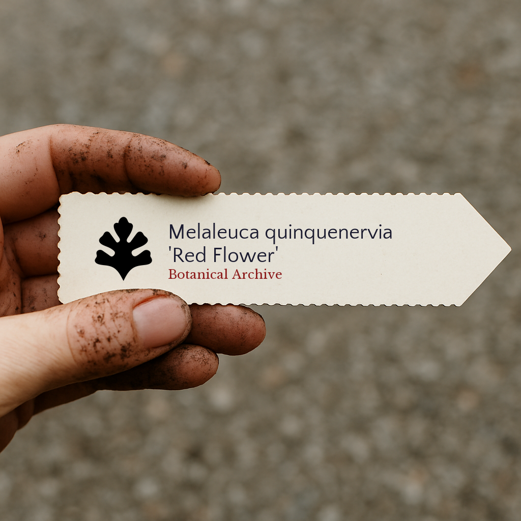 Etichetta stampata per pianta di Melaleuca quinquenervia 'Red Flower' tenuta da mano sporca