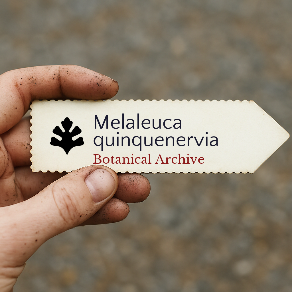 Etichetta per pianta stampata per Melaleuca quinquenervia Botanical Archive tenuta da una mano sporca