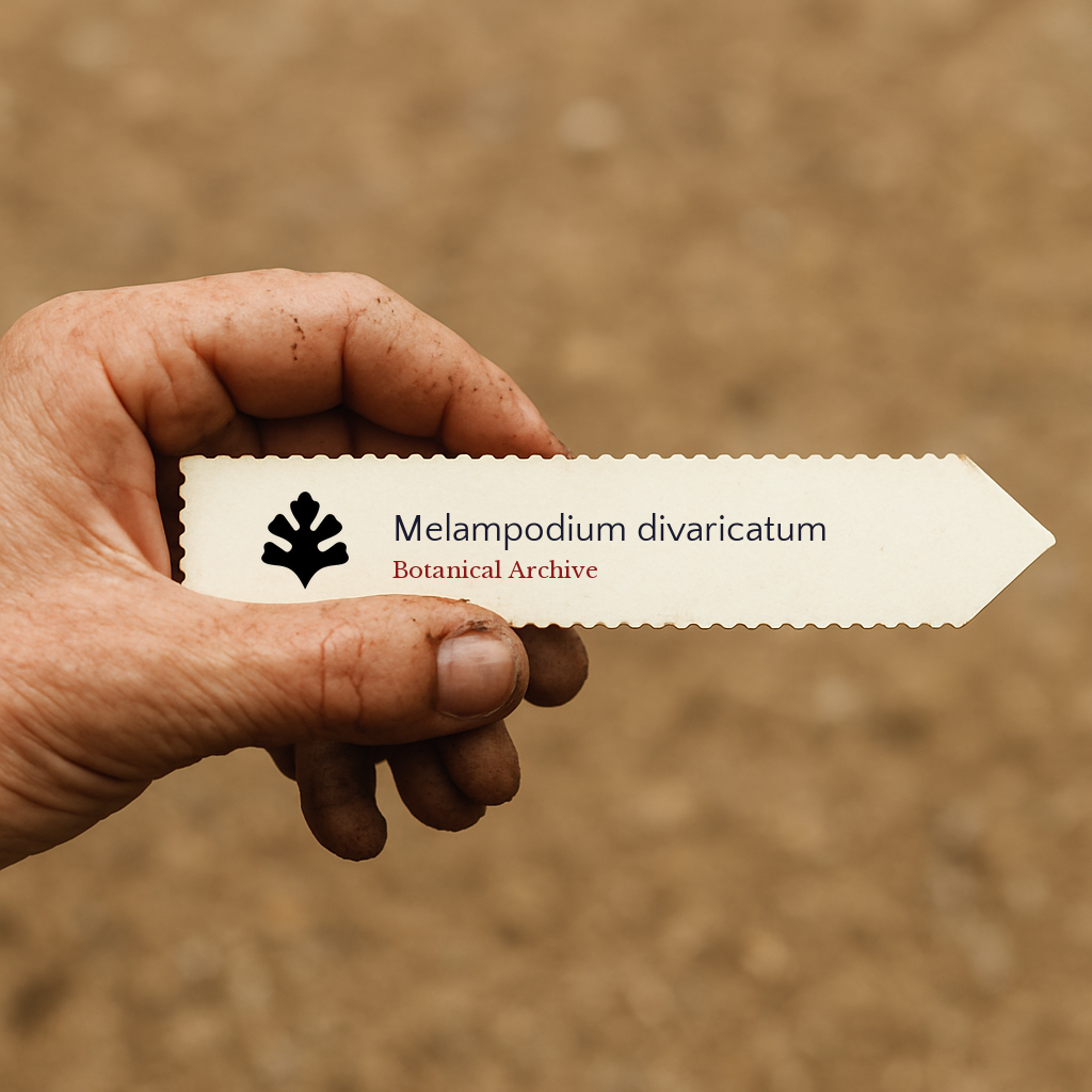 Etichetta stampata della pianta per Melampodium divaricatum tenuta a mano con sfondo di terreno