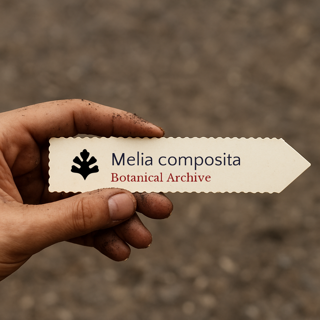 Etichetta piantina stampata per Melia composita tenuta a mano con sfondo di terreno