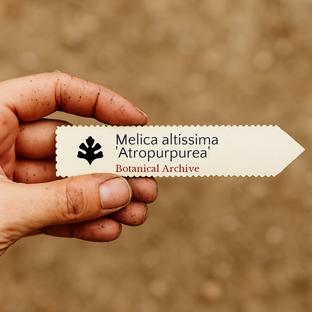 Printed plant label for Melica altissima Atropurpurea held by dirty hand outdoors