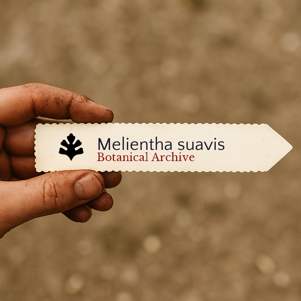 Printed plant label for Melientha suavis held by hand with soil on fingers
