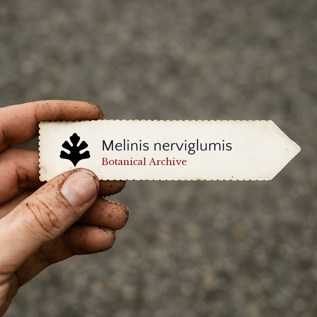 Printed plant label for Melinis nerviglumis held by dirty hand on blurred background