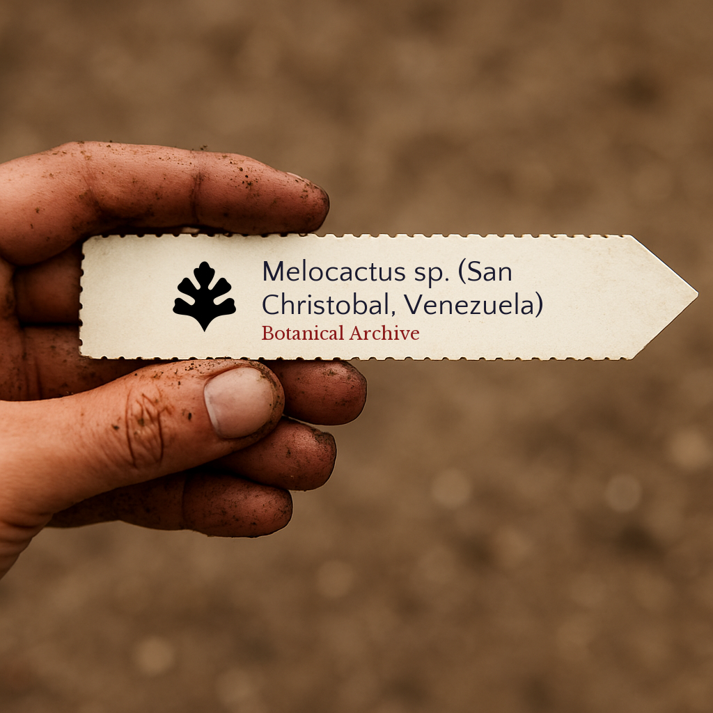 Printed plant label for Melocactus sp. from San Christobal Venezuela held by dirty hand