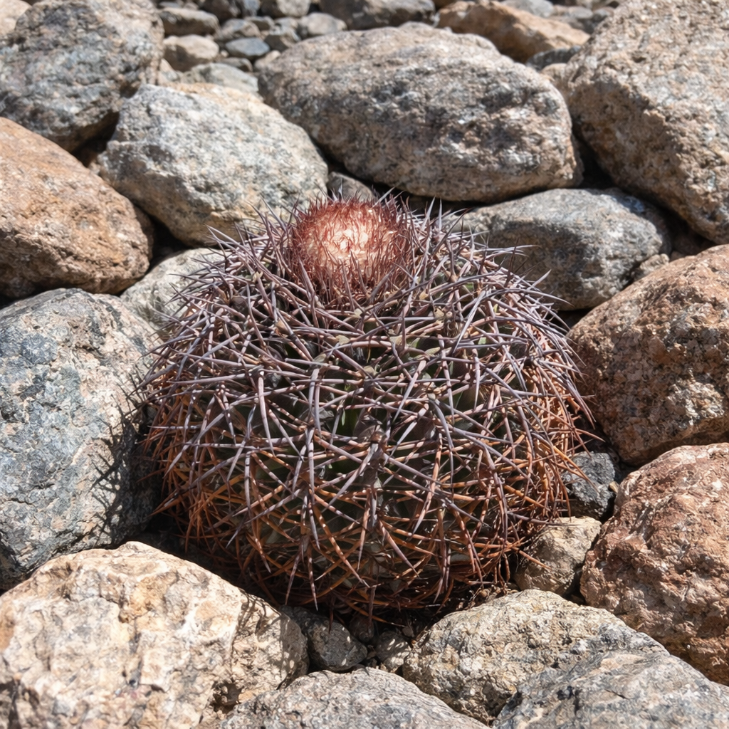 Melocactus amstutziae rare cactus with dense reddish spines and cephalium among rocks