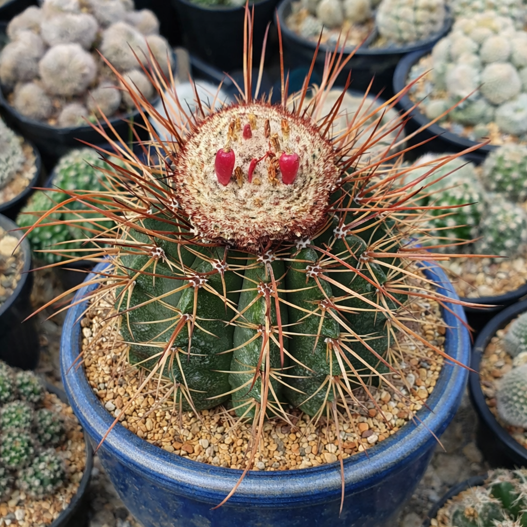 Melocactus ernestii rare cactus with reddish spines and red fruit in blue pot