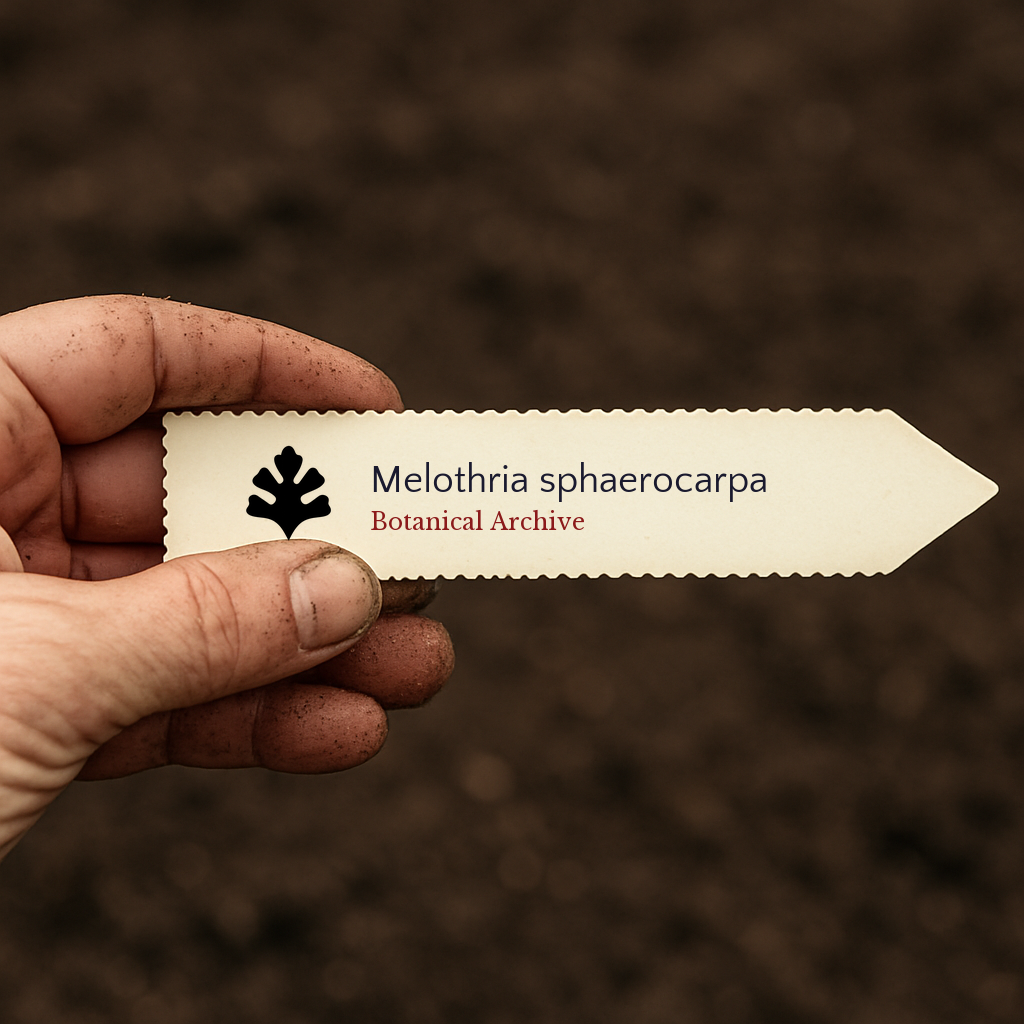 Printed plant label for Melothria sphaerocarpa held over soil background