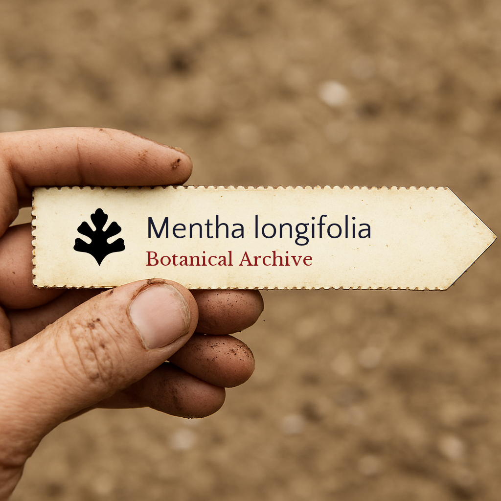 Etichetta per pianta stampata per Mentha longifolia tenuta a mano con sfondo di terra