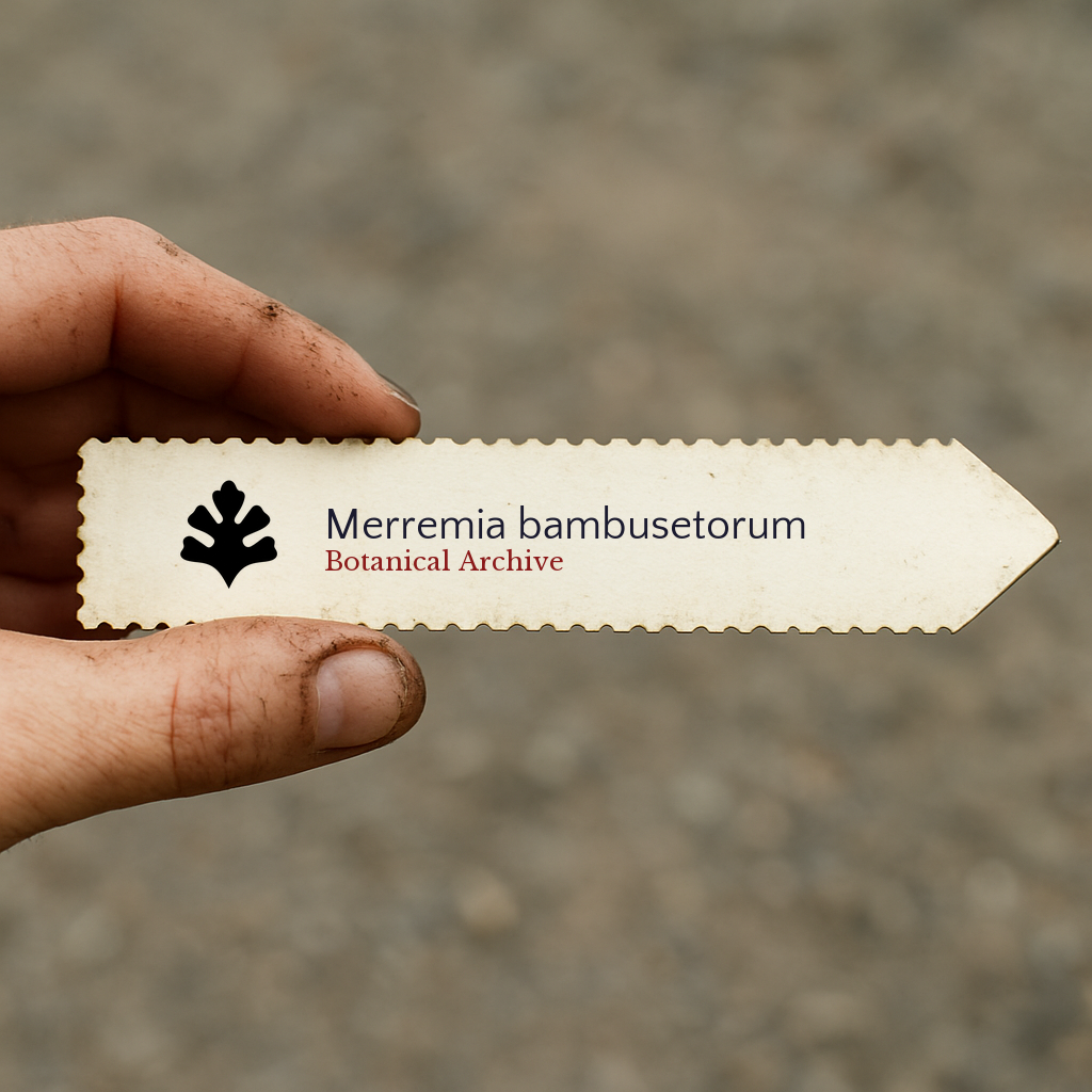 Etichetta per piante stampata per Merremia bambusetorum con il logo Botanical Archive tenuta a mano