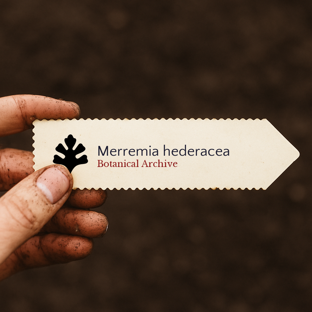 Etichetta stampata per pianta Merremia hederacea tenuta da mano sporca su sfondo di terreno