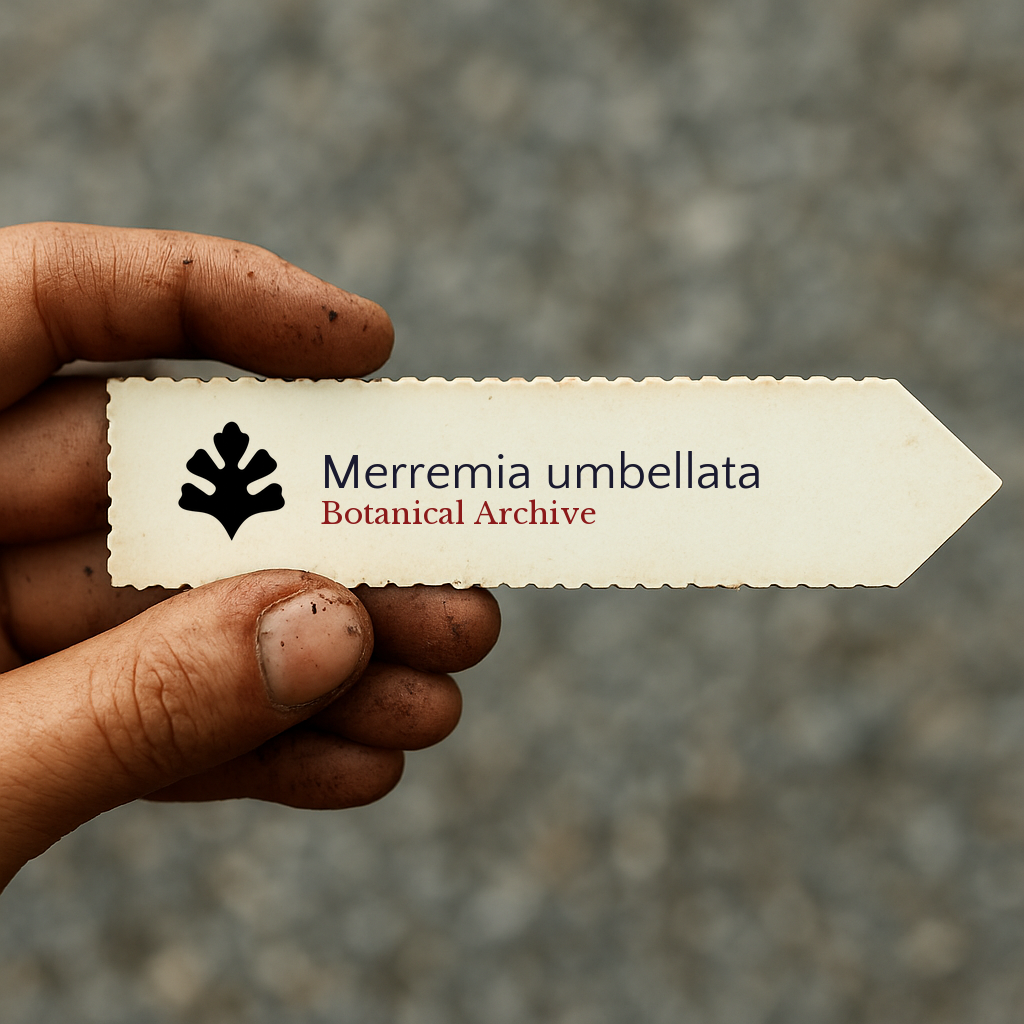 Printed plant label for Merremia umbellata held by dirty hand outdoors