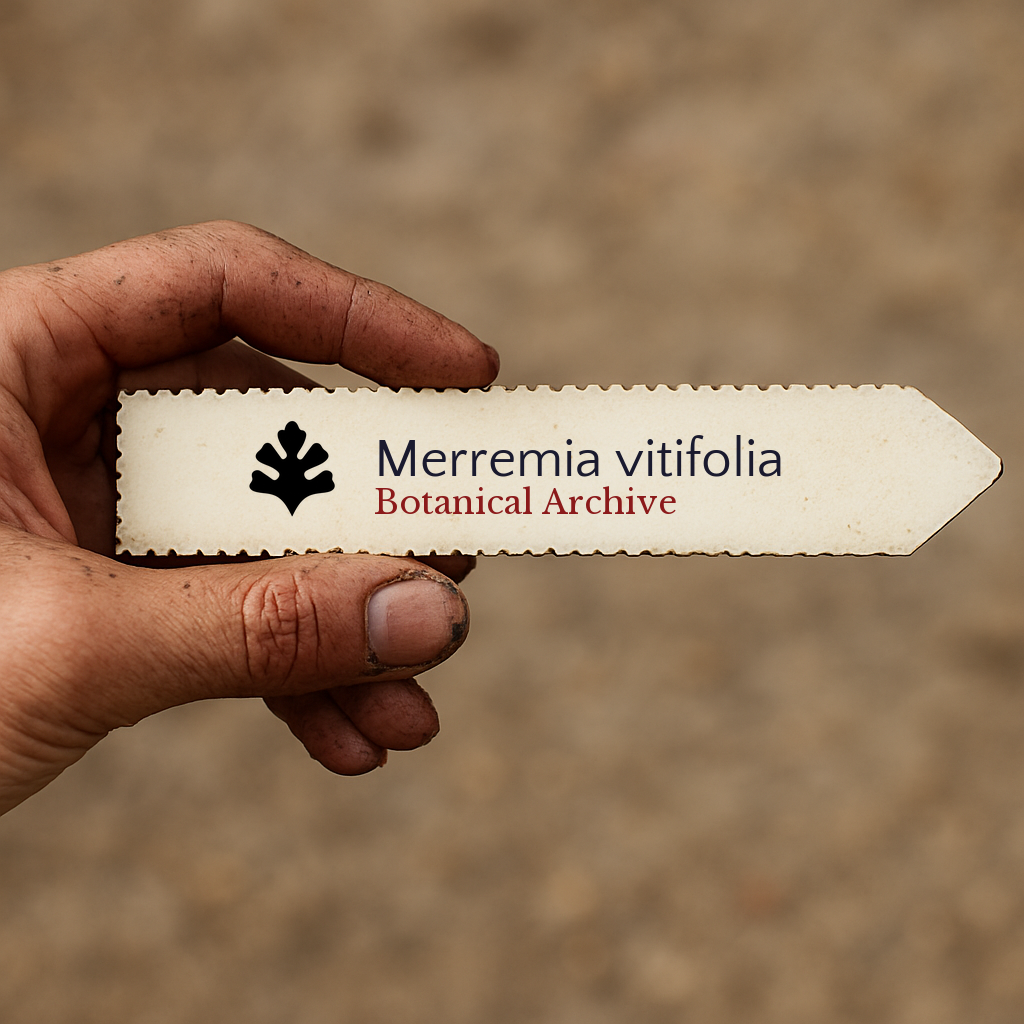 Printed plant label for Merremia vitifolia held in hand with dirt background