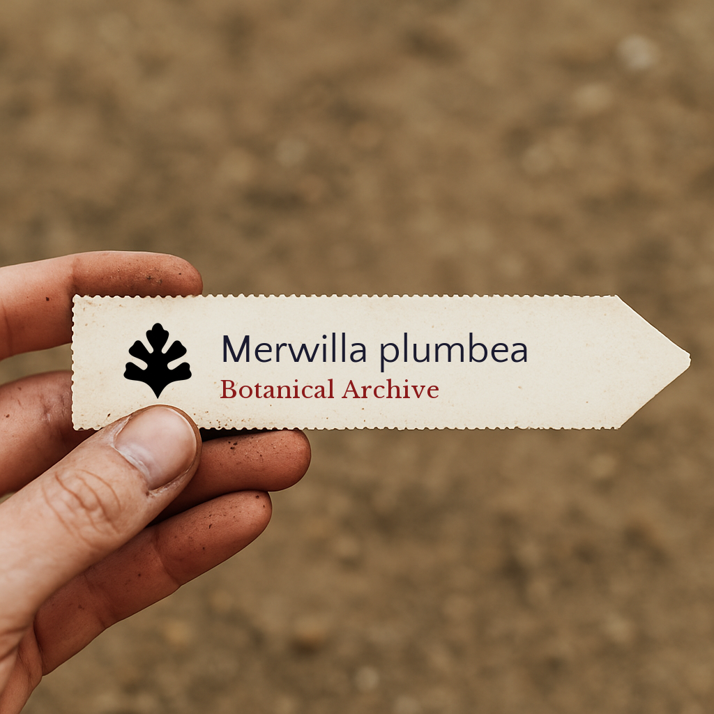 Etichetta per pianta stampata di Merwilla plumbea tenuta in mano con sfondo di terreno