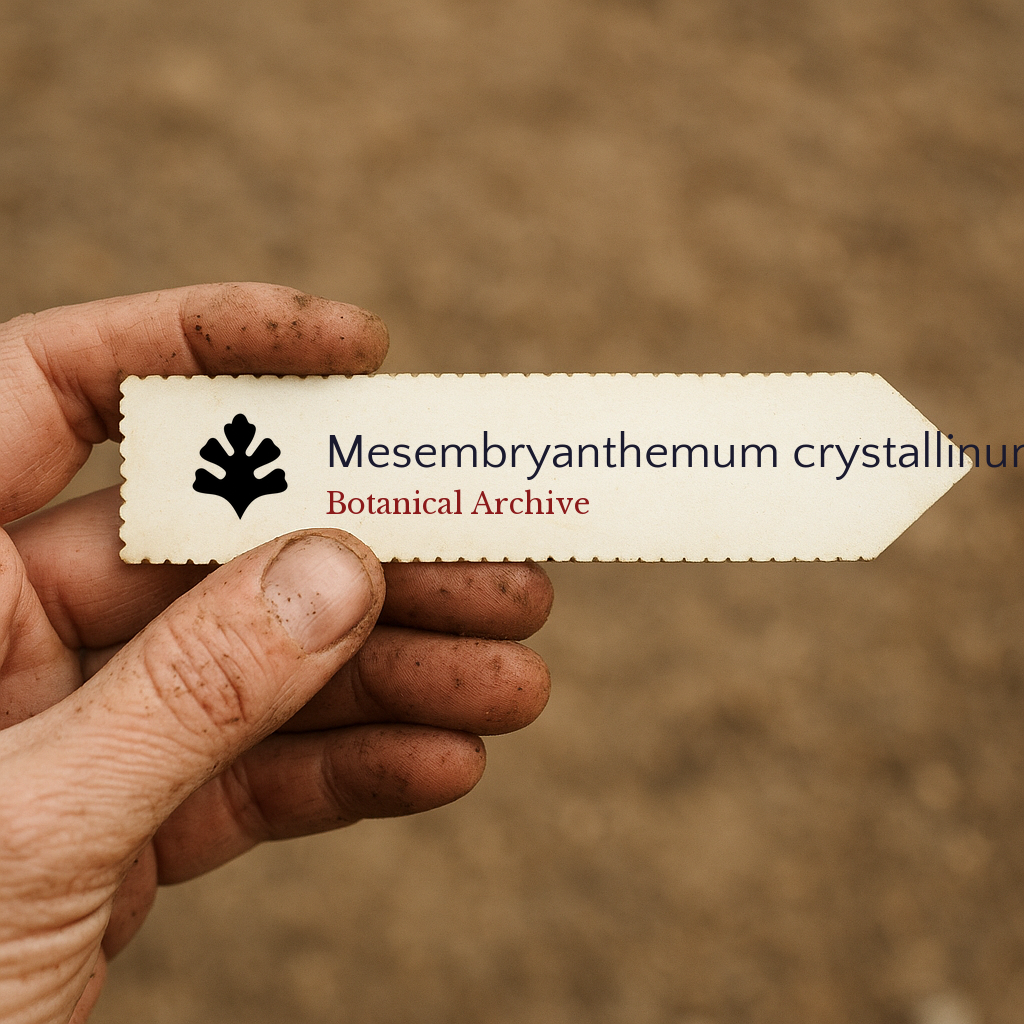 Etichetta a stampa per pianta Mesembryanthemum crystallinum tenuta da mano sporca all'aperto