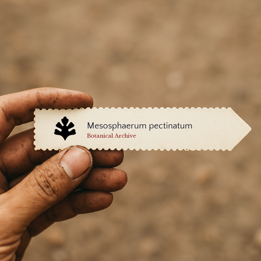 Printed plant label for Mesosphaerum pectinatum held by a hand with soil-stained fingers