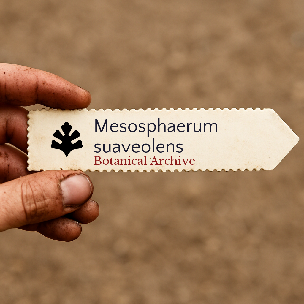 Printed plant label for Mesosphaerum suaveolens held by dirty hand on blurred background