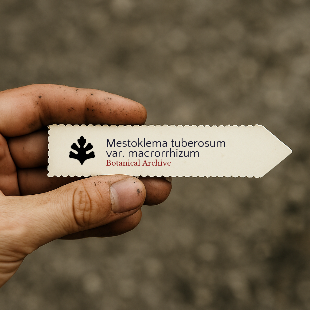 Printed plant label for Mestoklema tuberosum var. macrorrhizum held by hand with dirt background