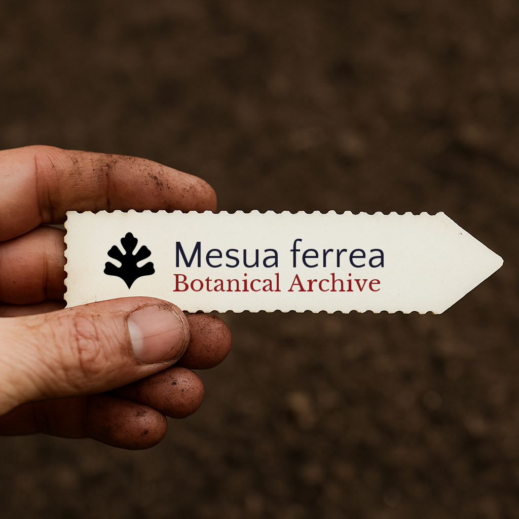 Printed plant label for Mesua ferrea Botanical Archive held by dirty hand over soil background