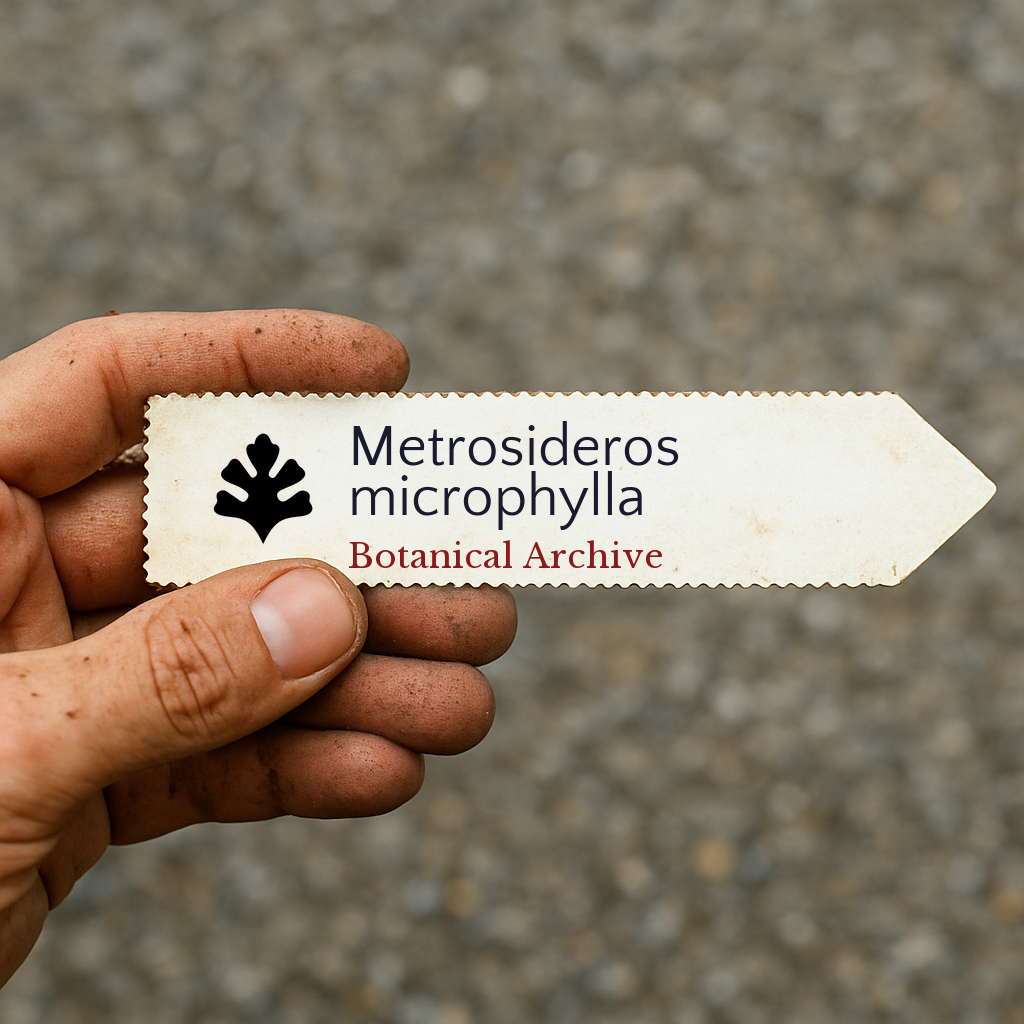 Etichetta per piante stampata per Metrosideros microphylla con logo Botanical Archive tenuta a mano