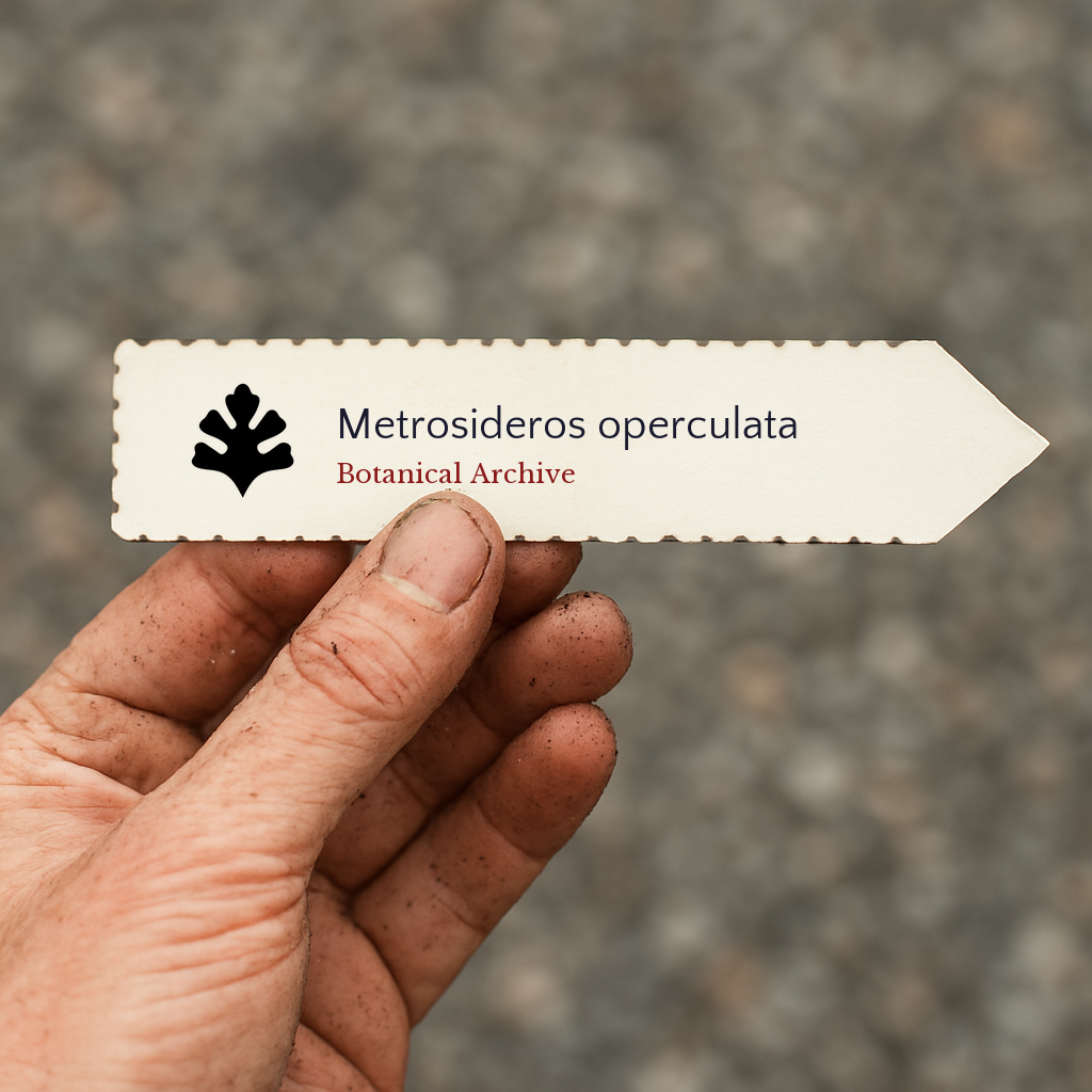 Printed plant label for Metrosideros operculata held by dirty hand outdoors
