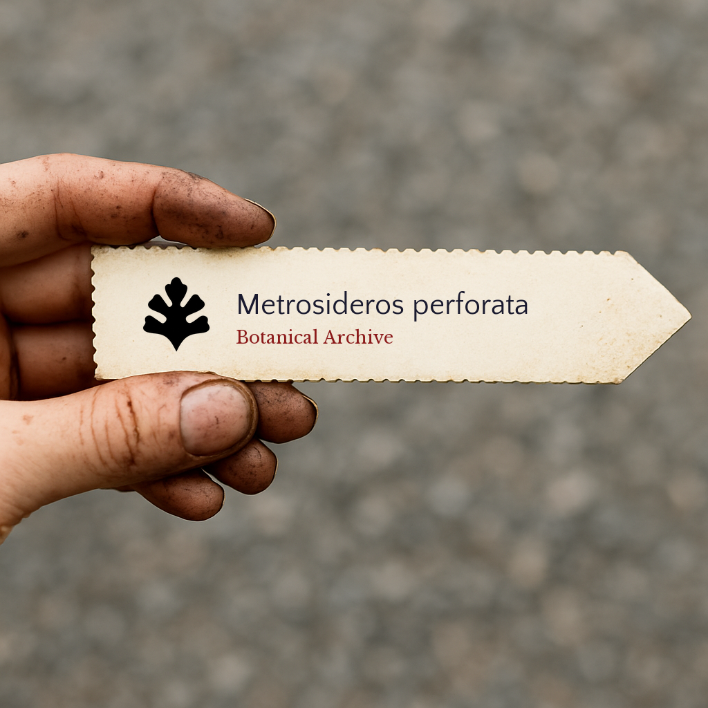Printed plant label for Metrosideros perforata held by dirty hand outdoors