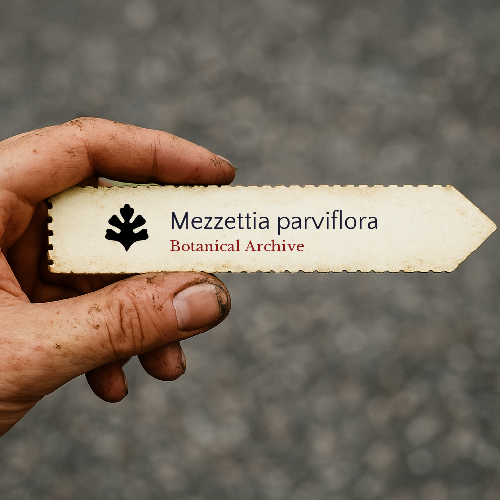 Etichetta per pianta stampata per Mezzettia parviflora tenuta da mano sporca all'aperto